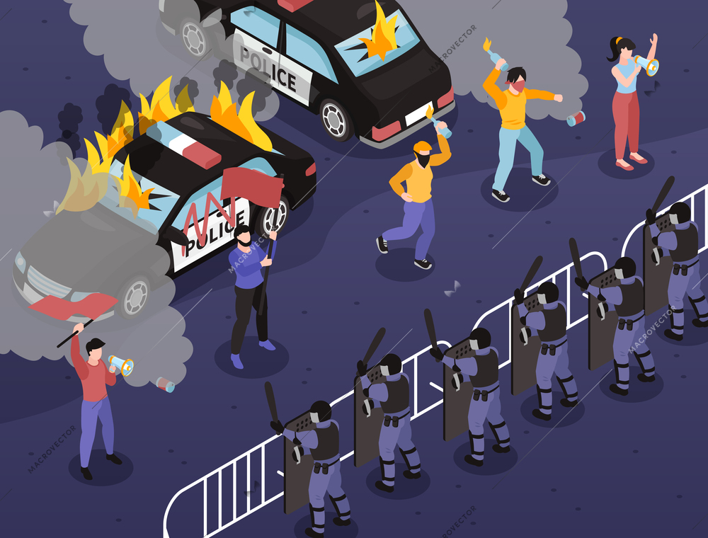 Isometric protest composition group of people with flags and loudspeakers protesting in front of burning cars vector illustration