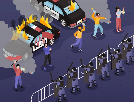 Isometric protest composition group of people with flags and loudspeakers protesting in front of burning cars vector illustration