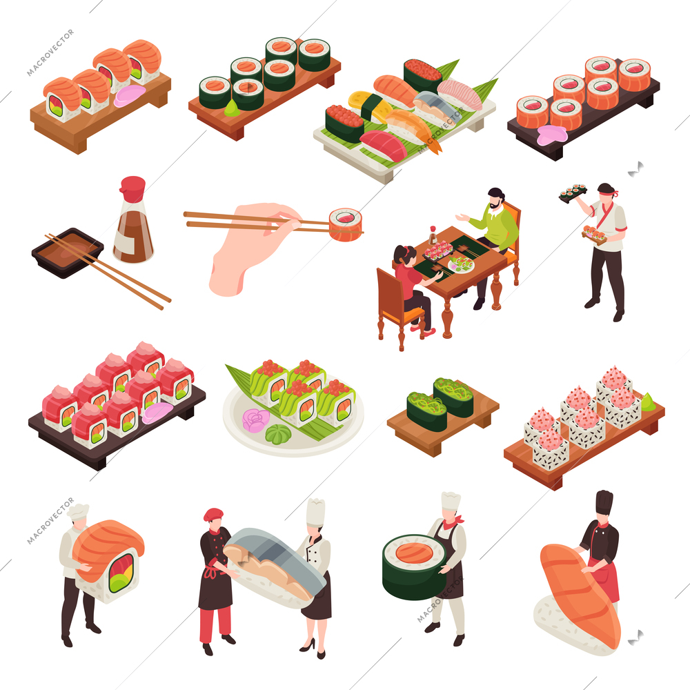 Isometric sushi icon set rolls of different sizes and abstracts wrapped in nori and fish vector illustration