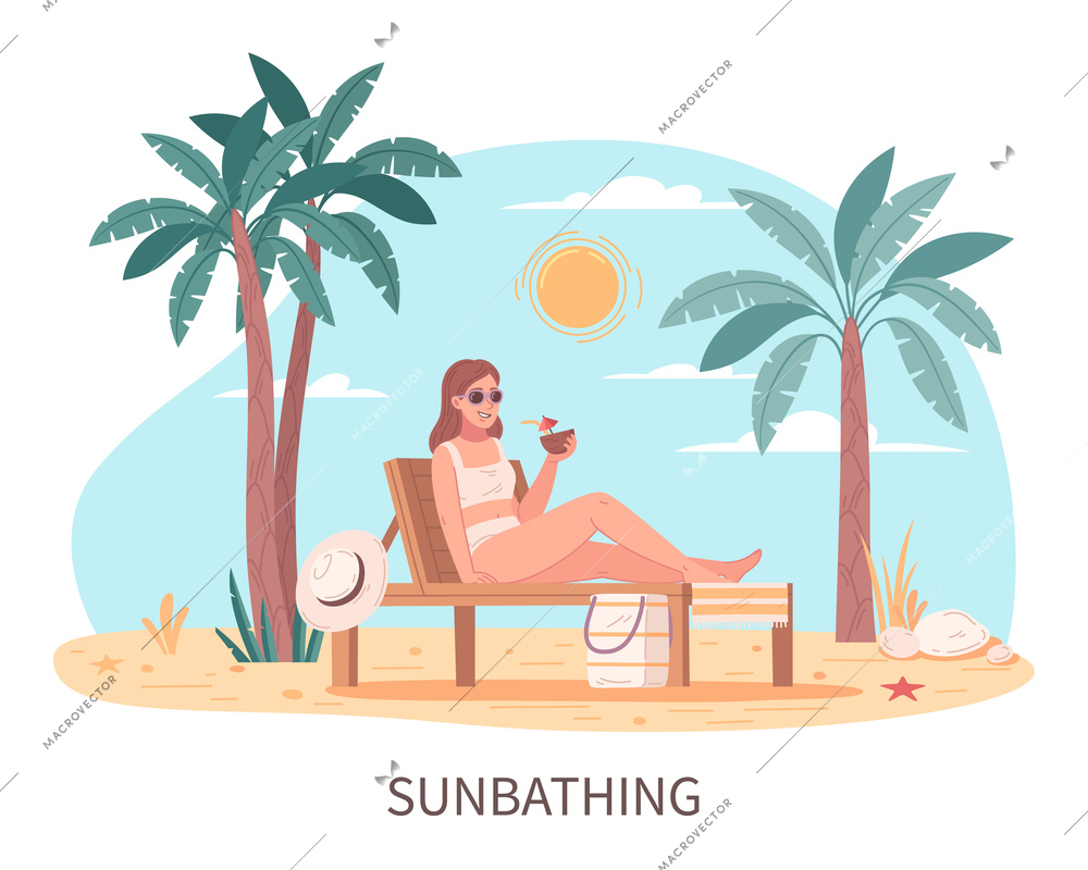 Beach activities flat cartoon with young woman during sunbathing on summer seashore vector illustration