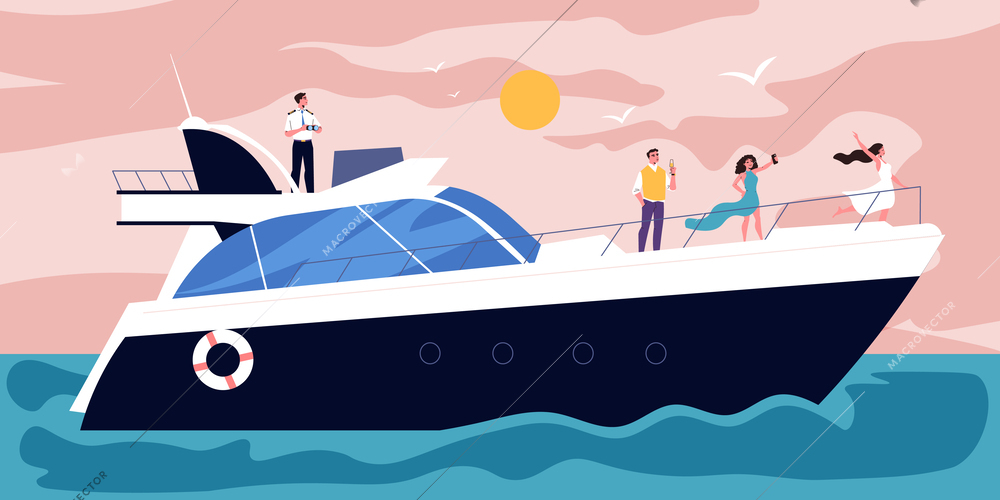 Ship sailors composition with open sea scenery and holiday cruiser boat with doodle passengers and captain vector illustration