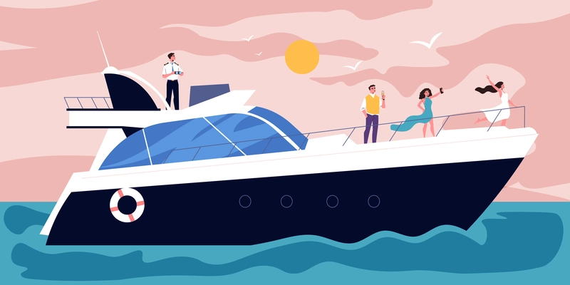 Ship sailors composition with open sea scenery and holiday cruiser boat with doodle passengers and captain vector illustration