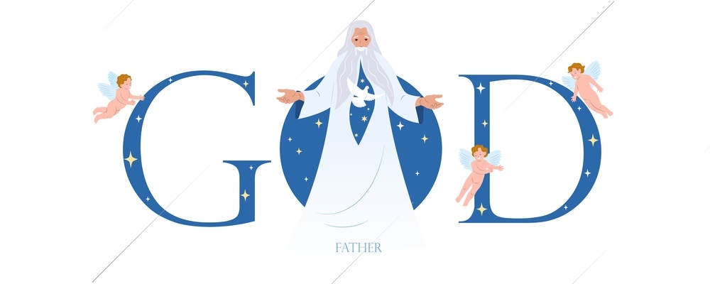God father composition of flat text and starry sky with flying angels and old wise man vector illustration