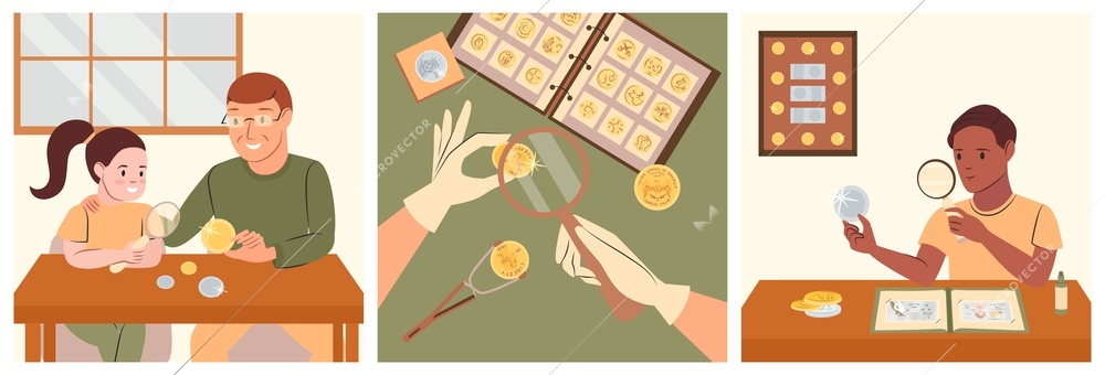 Numismatics flat set with numismatists looking at coins through magnifiers isolated vector illustration