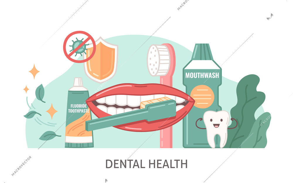 Dental health flat cartoon with oral hygiene symbols vector illustration