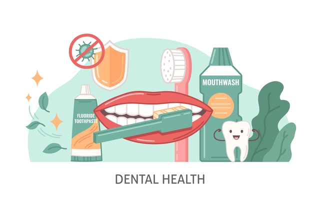 Dental health flat cartoon with oral hygiene symbols vector illustration