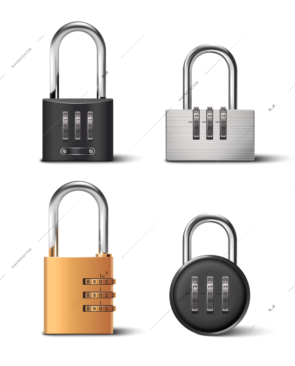 Closed padlocks with security codes realistic icons set isolated vector illustration