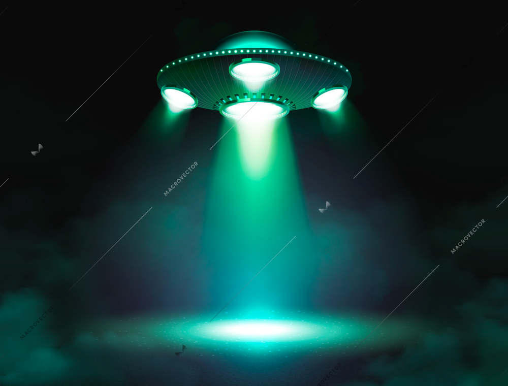 Ufo spacecraft poster with flying saucer projecting ray of light vector illustration