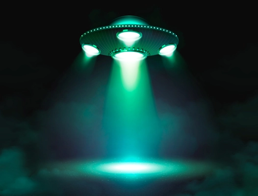 Ufo spacecraft poster with flying saucer projecting ray of light vector illustration