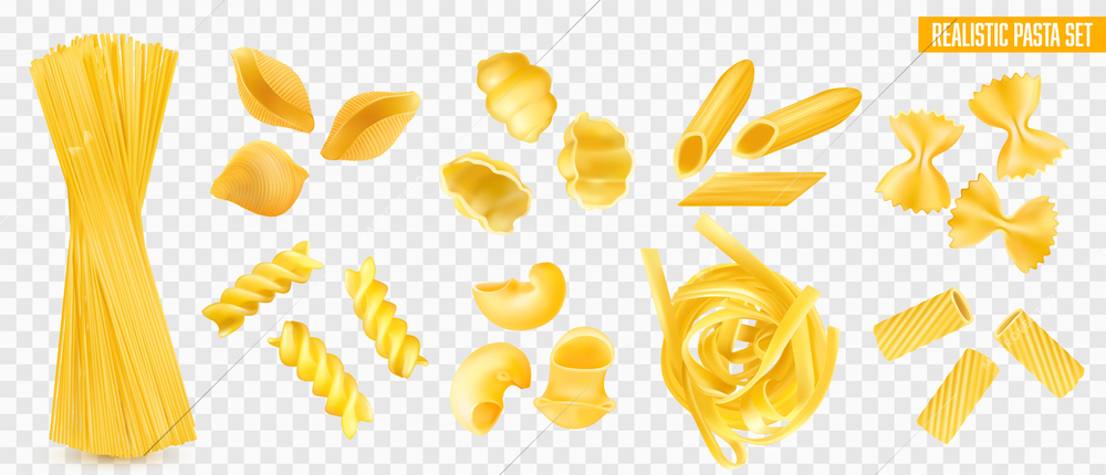 Dry italian pasta types realistic set with spaghetti penne farfalle tagliatelle fusilli isolated on transparent background vector illustration