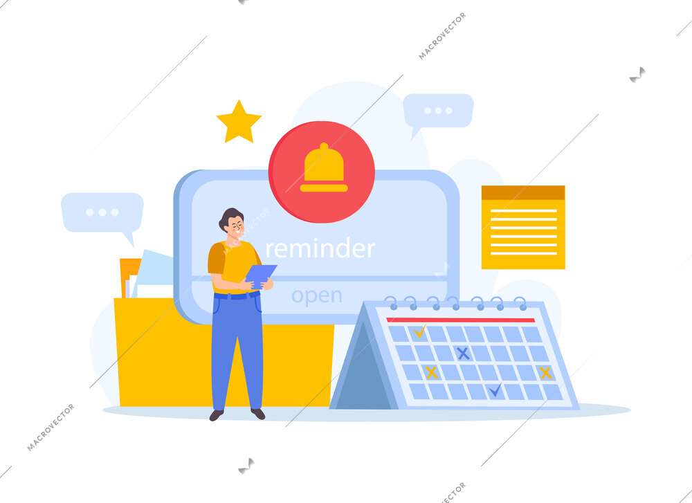 Corporate culture composition with character of male worker calendar with documents notification star chat bubble signs vector illustration