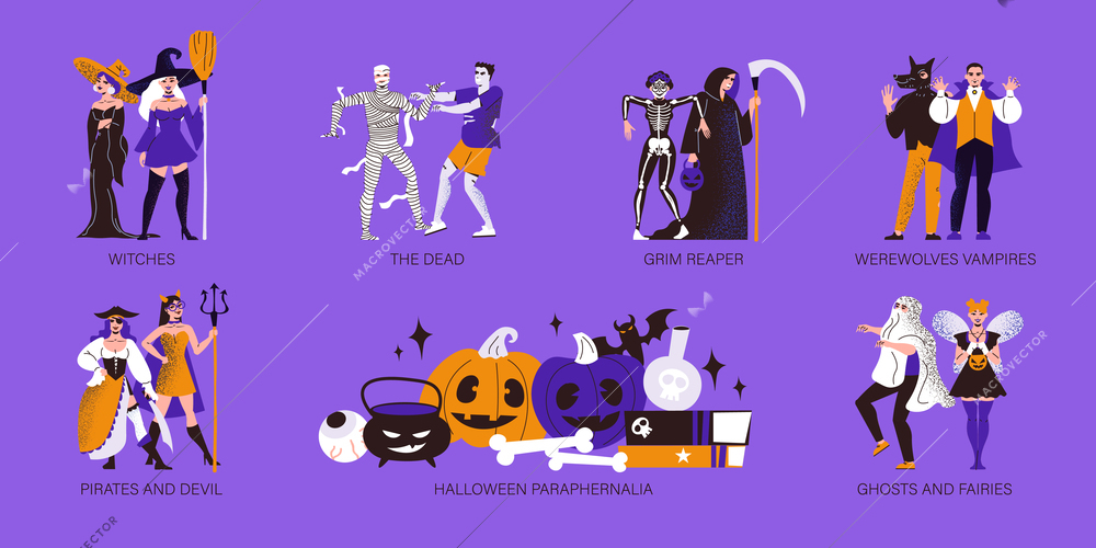 People wearing halloween costumes of scary characters and holiday paraphernalia flat compositions set isolated on color background vector illustration