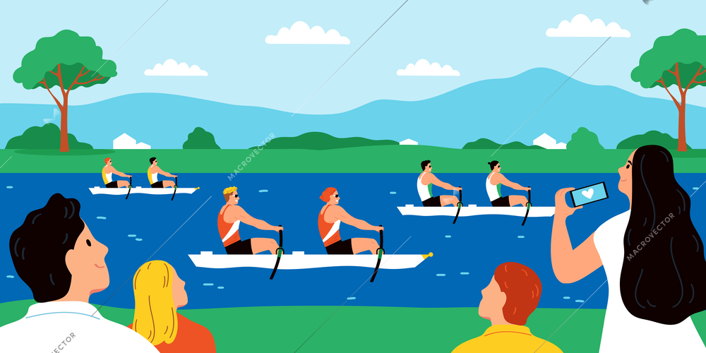 Summer water sport background with kayaking symbols flat vector illustration