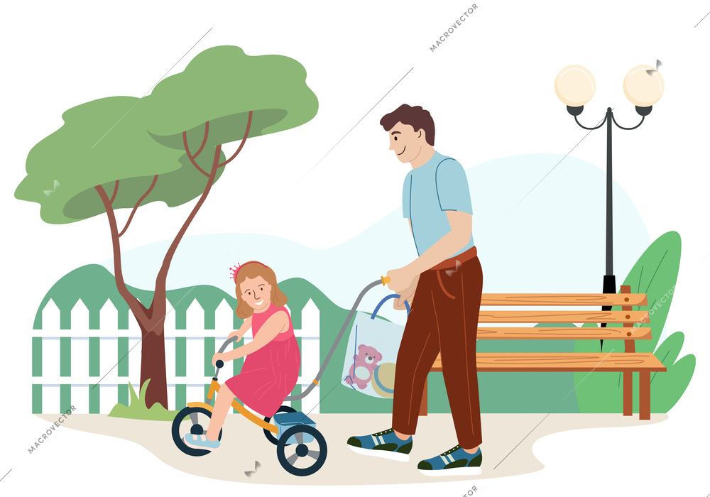 Children toy vehicles flat composition with isolated outdoor landscape and father with girl on three wheeler vector illustration