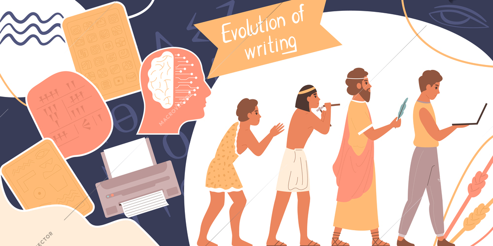 Writing evolution from primitive to modern flat collage with human characters of writers vector illustration