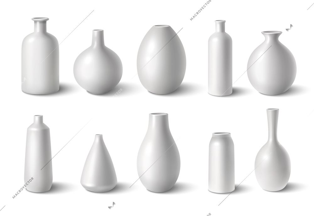 Glossy white ceramic porcelain vases realistic set isolated vector illustration