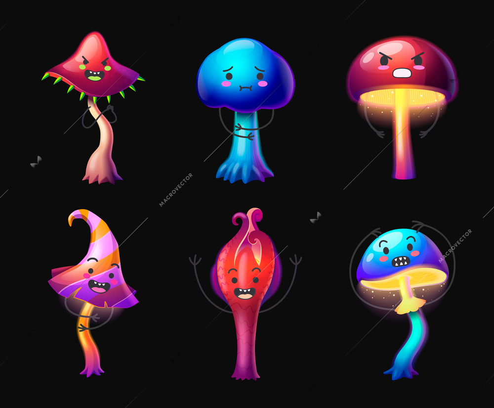 Colorful magic mushroom characters expressing various emotions cartoon set isolated on black background vector illustration