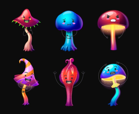 Colorful magic mushroom characters expressing various emotions cartoon set isolated on black background vector illustration