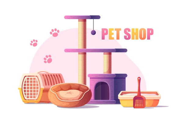 Pet shop goods with cat tree bed litter tray carrier cartoon vector illustration