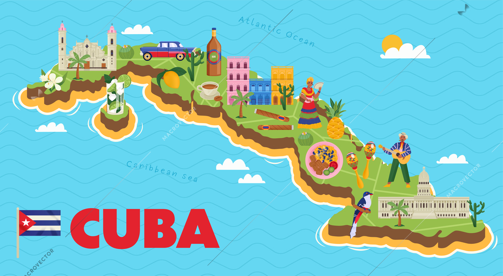 Cuba map with its symbols flat poster on blue caribbean sea and atlantic ocean background vector illustration
