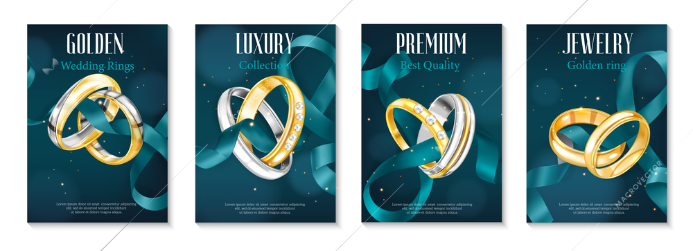 Realistic ring poster set of four vertical compositions with pairs of rings ribbons and editable text vector illustration