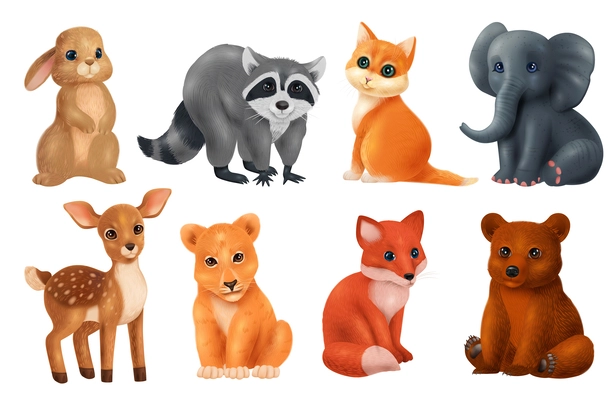 Realistic young animal set with bunny racoon cat elephant deer lion fox and bear isolated images vector illustration