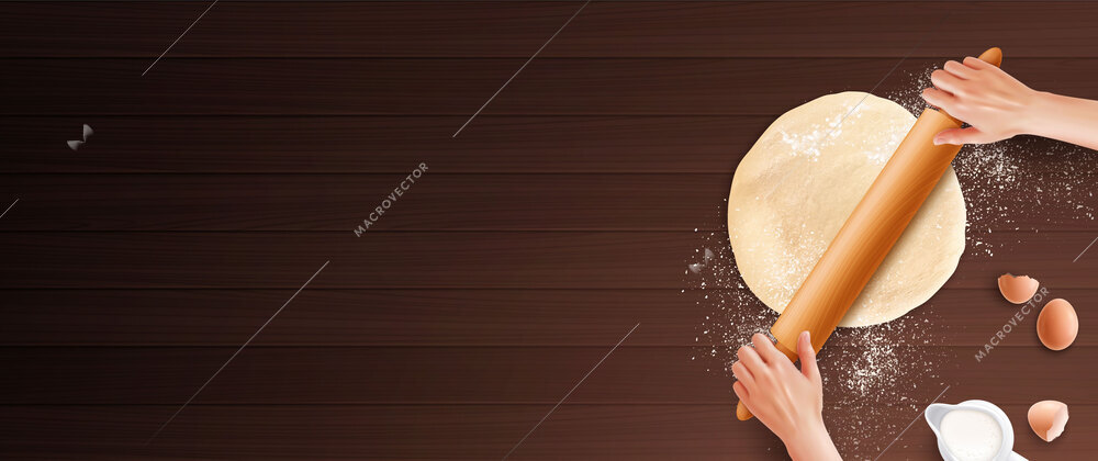 Realistic composition with human hands keep rolling pin with flour on dark background with wooden surface vector illustration