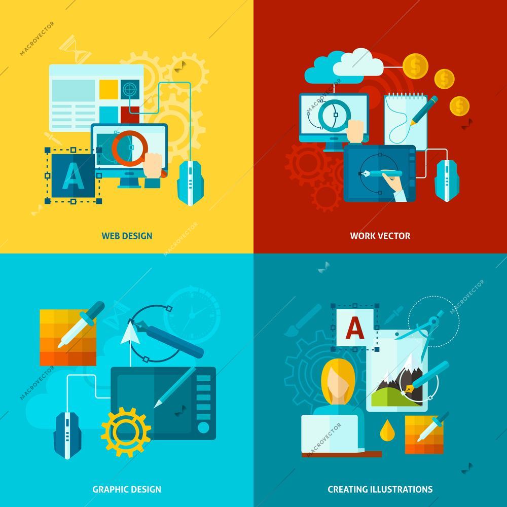 Graphic design concept set with web graphic creating flat icons isolated vector illustration