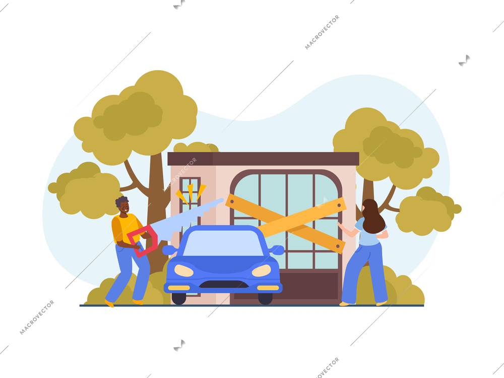 Flat concept of property division with divorced couple dividing house and car with saw vector illustration