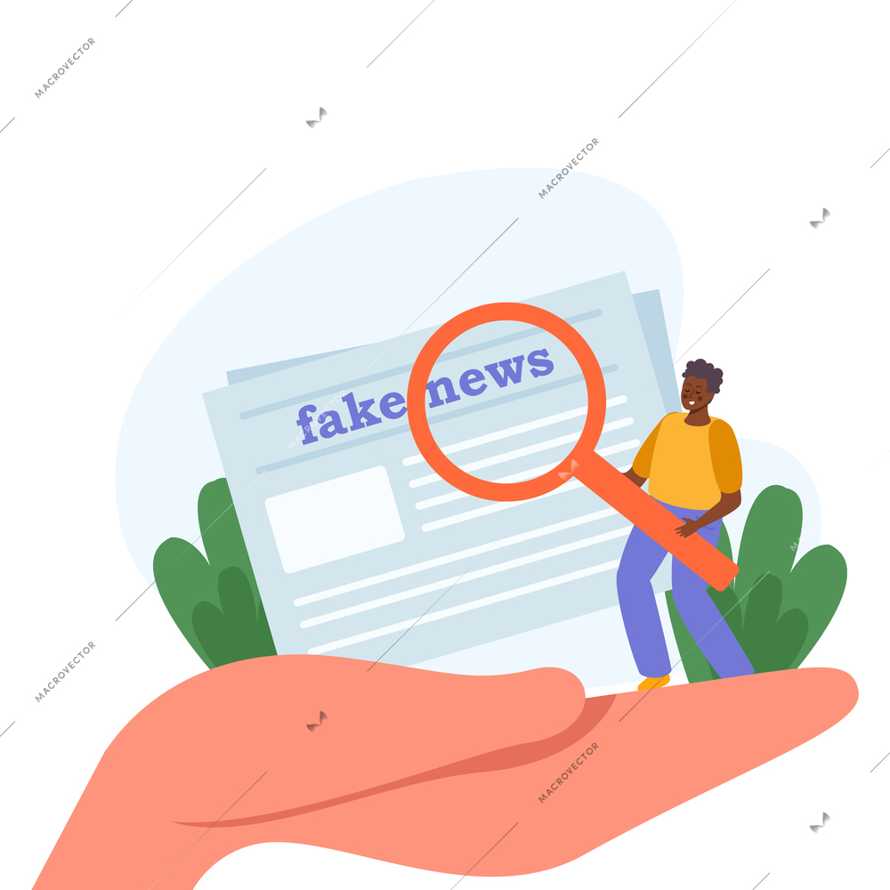 Tiny human character with magnifier reading fake news in newspaper flat concept vector illustration
