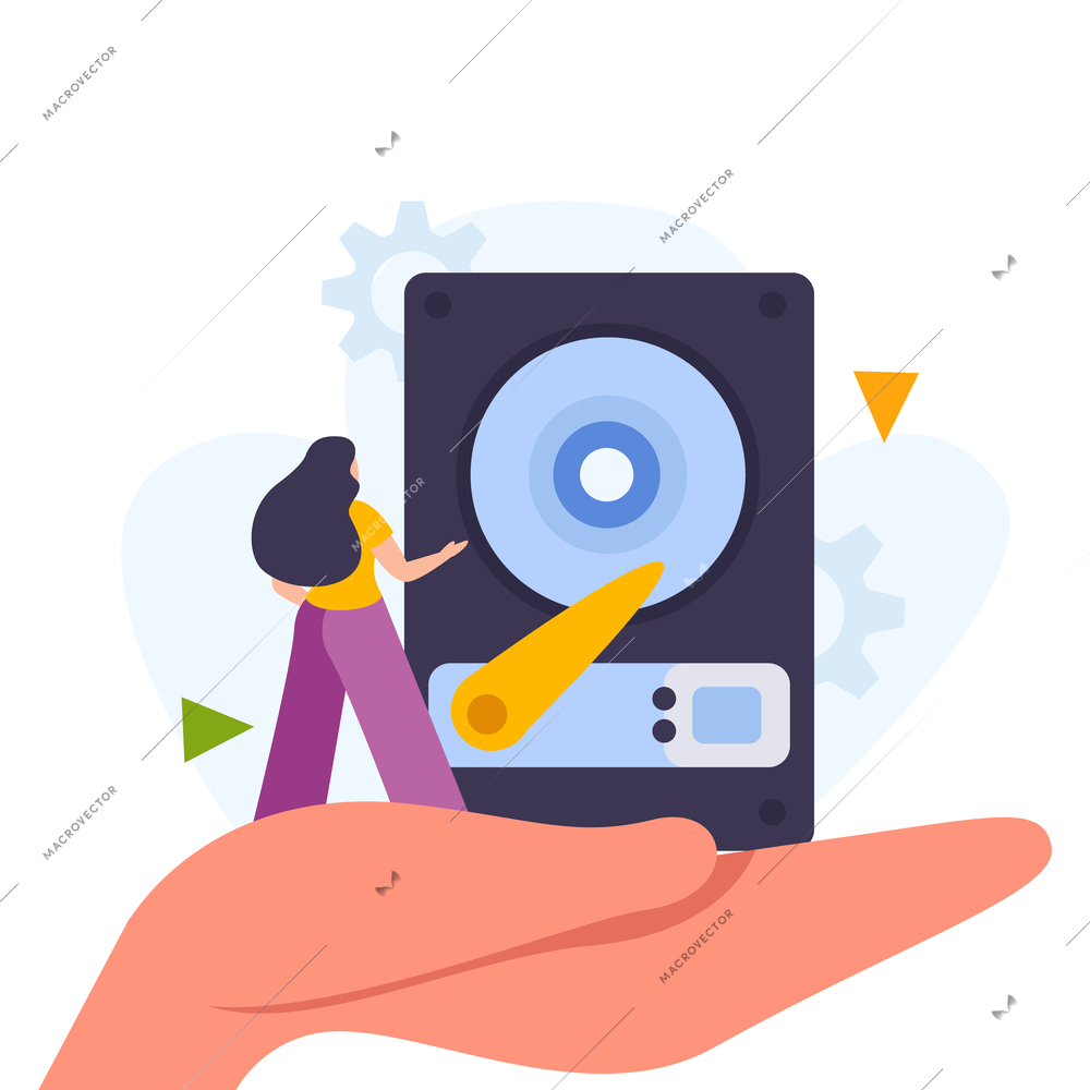 Flat concept of backup data recovery and keeping files safe with human hand holding hard disk and tiny female character vector illustration