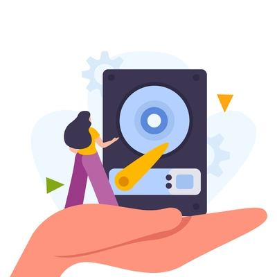 Flat concept of backup data recovery and keeping files safe with human hand holding hard disk and tiny female character vector illustration