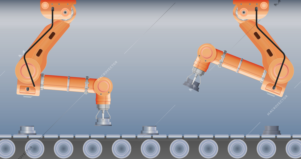 Robot manipulator arm realistic composition with front view of moving industrial line with assembling robotic manipulators vector illustration