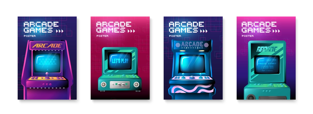 Arcade game realistic poster set with videogame leisure symbols isolated vector illustration