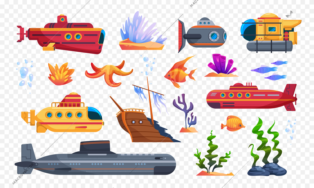 Submarine icons transparent set with underwater panorama symbols  realistic isolated vector illustration