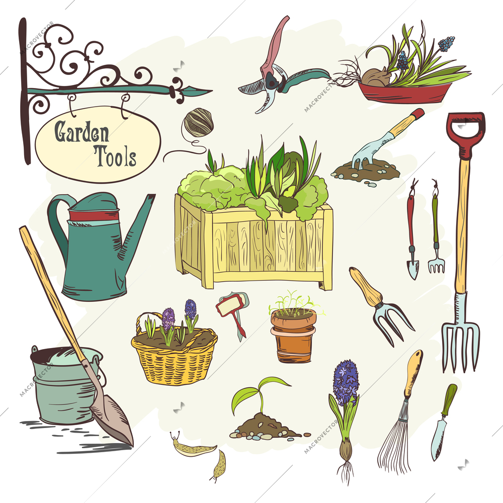 Hand drawn sef of gardening tools for plants flowers farming and agriculture vector illustration