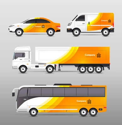 Transport advertisement design with cars bus and trucks in orange abstract identity isolated vector illustration