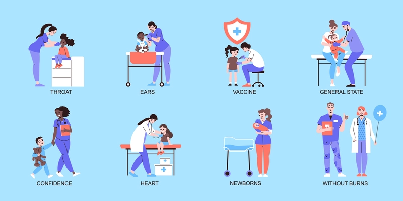 Pediatrics flat compositions set on blue background with kind pediatricians examining newborn child throat ears giving vaccine isolated vector illustration