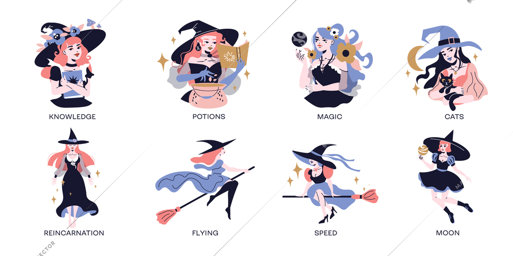 Young witches reading magical books making potions flying on broom flat compositions set isolated vector illustration