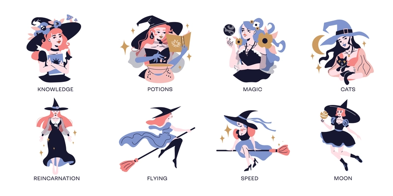 Young witches reading magical books making potions flying on broom flat compositions set isolated vector illustration