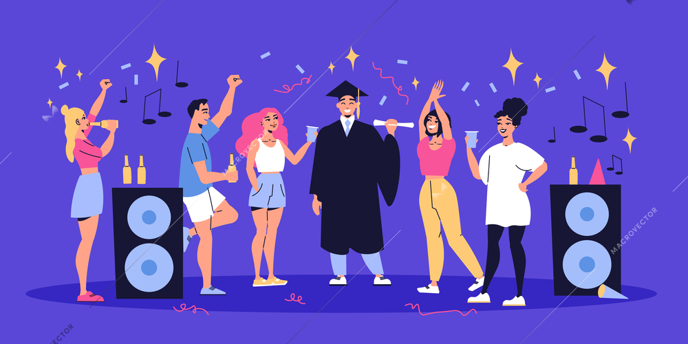 Student dormitory party horizontal illustration with young people raising glasses to newly minted magister flat vector illustration