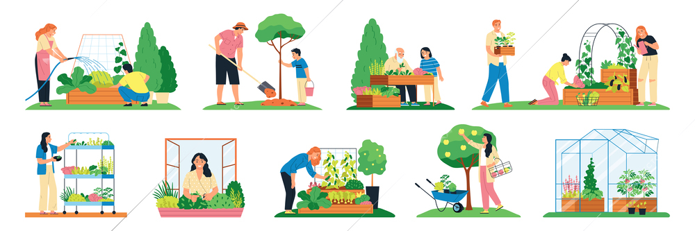 Community garden flat set of people decorating city parks and houses with plants and flowers isolated vector illustration