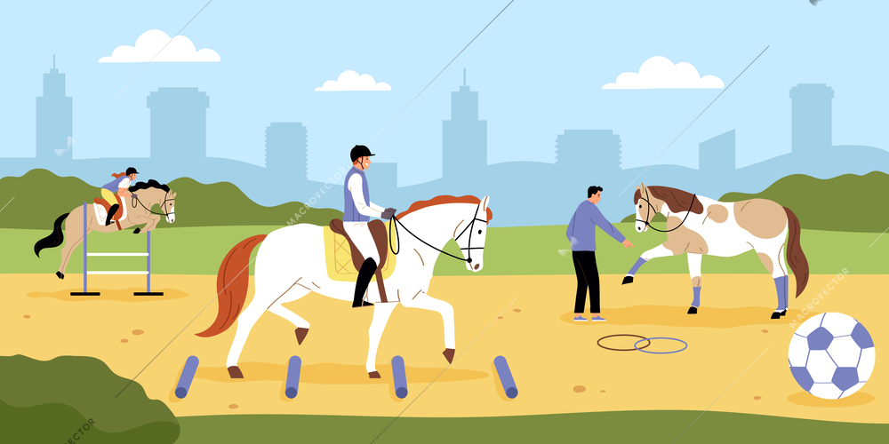 Equestrian sports flat background with people training horses contacting with animals and riding horseback vector illustration