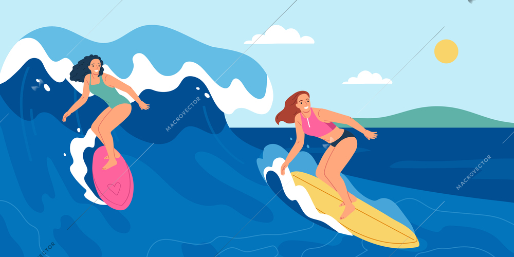 Young women surfing on vacation flat vector illustration