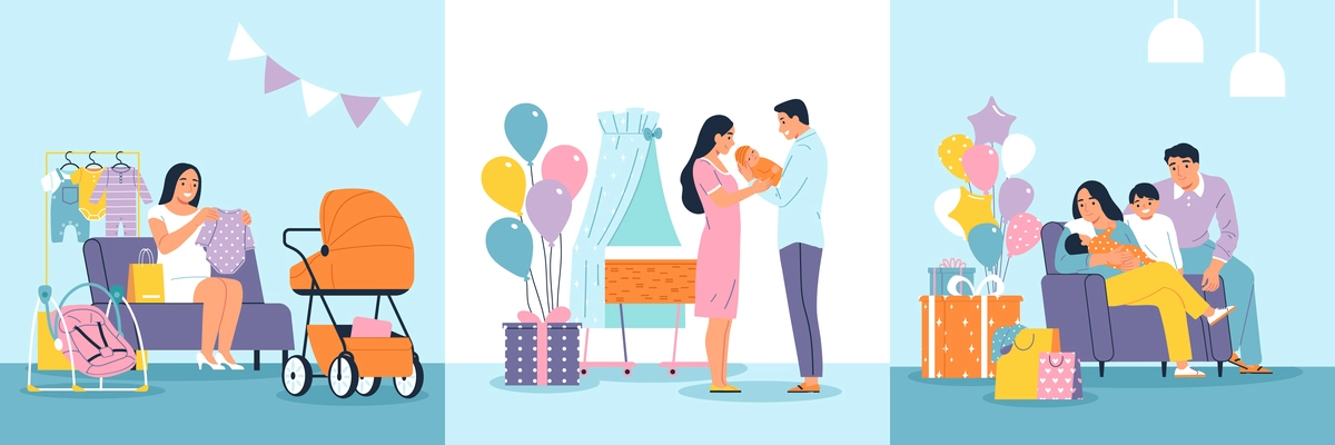 Flat set of happy parents with newborn baby and expecting mother looking at gifts after baby shower isolated vector illustration