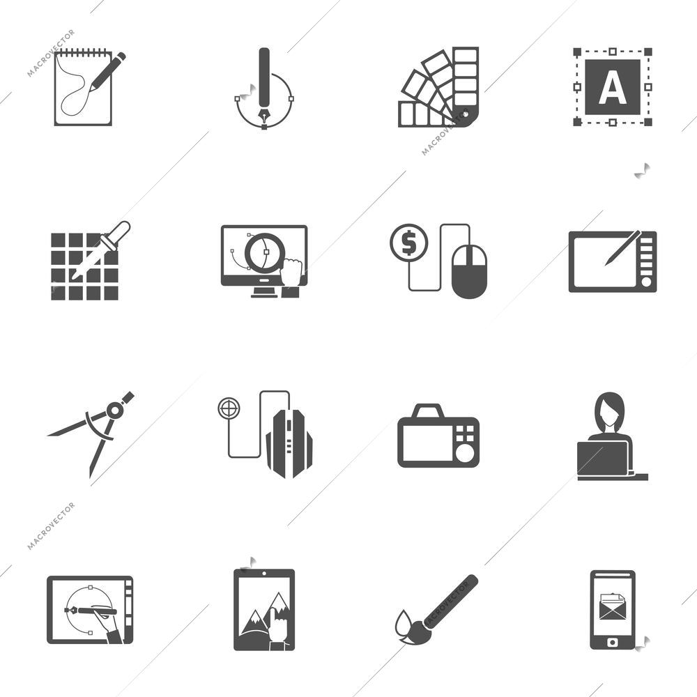 Graphic design studio black icons set with different color painting tools isolated vector illustration