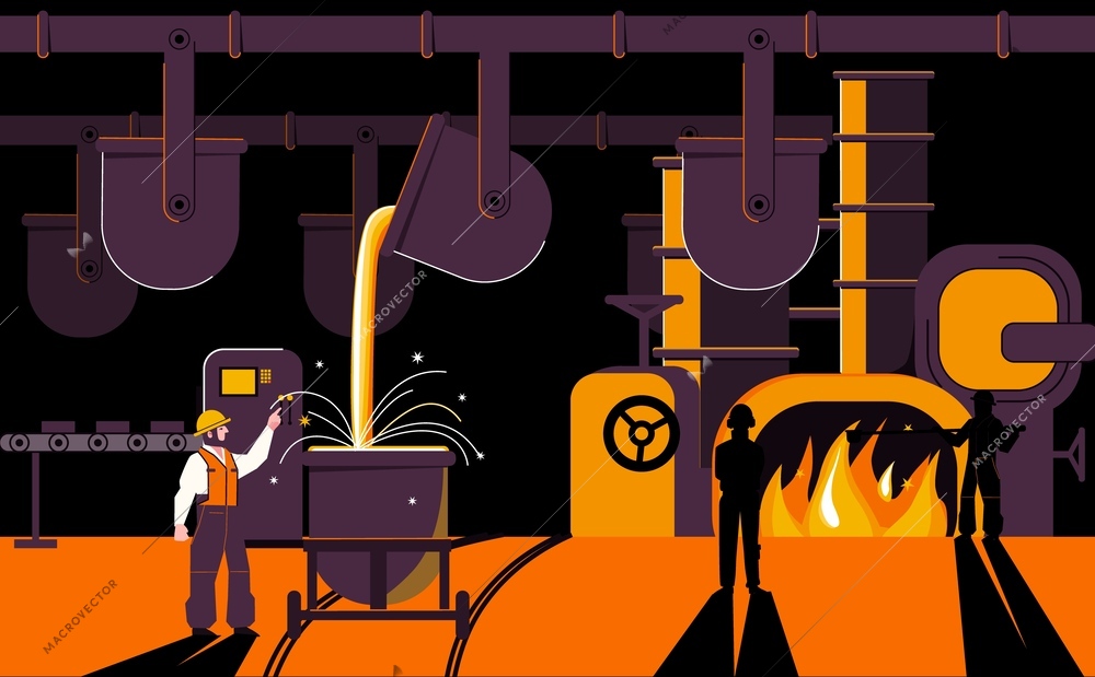 Metallurgy production flat composition with industrial scenery jars with liquid metal and doodle characters of workers vector illustration