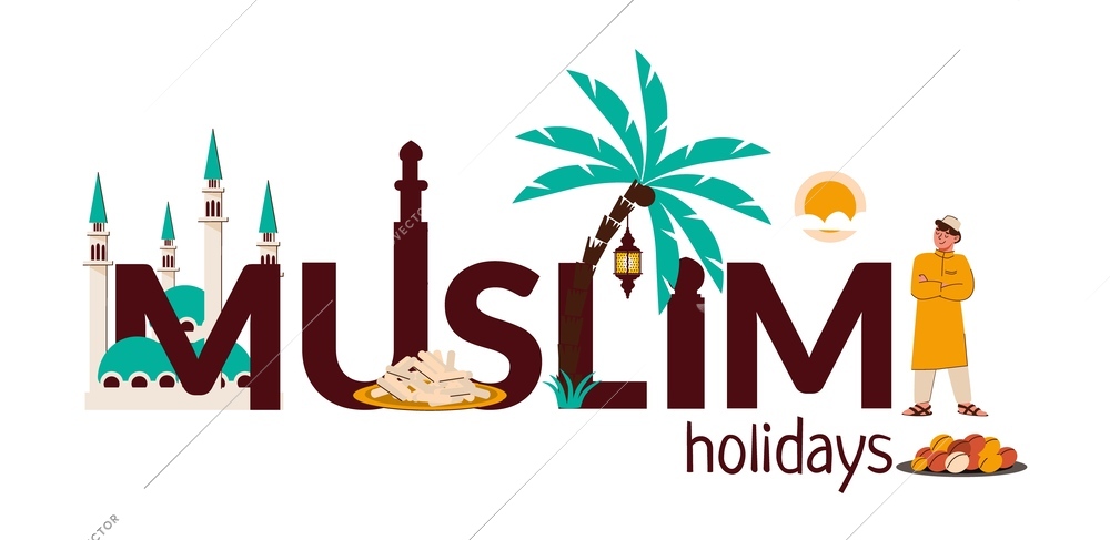 Muslim holidays composition with flat text icons of oriental buildings exotic trees food and human character vector illustration