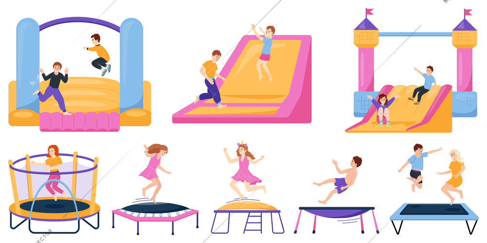 Flat set of kids jumping on various trampolines isolated on white background vector illustration