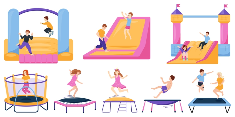 Flat set of kids jumping on various trampolines isolated on white background vector illustration